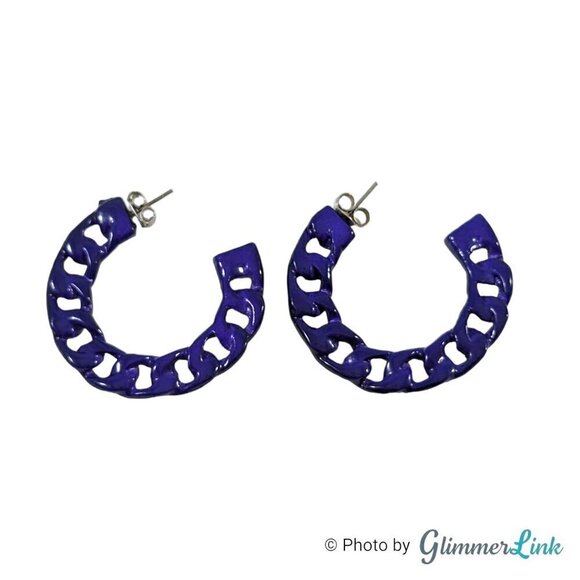 Retro Purple Enameled Curb Style Chain Hoop Pierced Earrings - Picture 5 of 8
